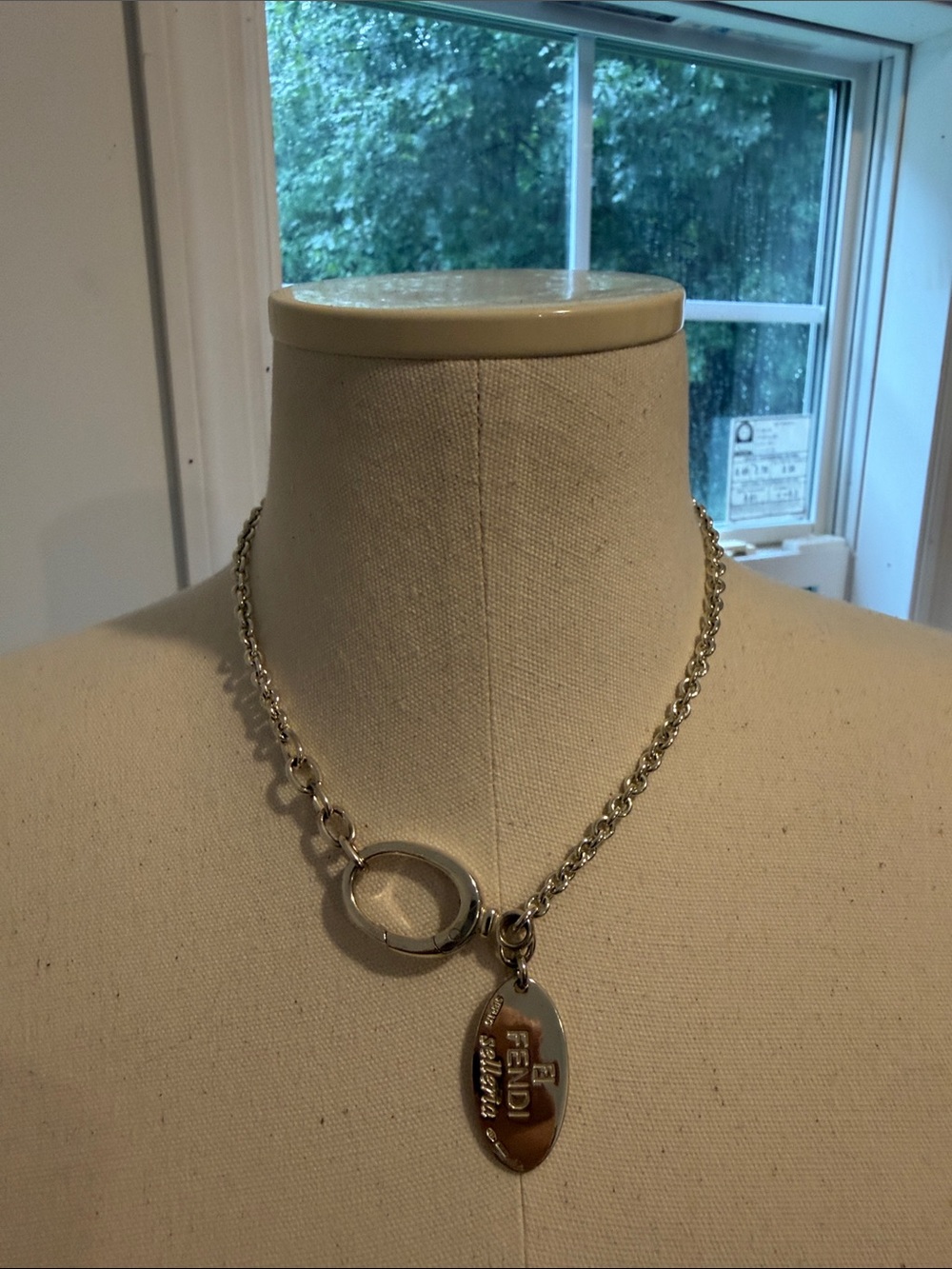 Fendi Silver Logo Oval Pendant Chain Necklace
